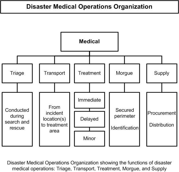“disaster medical operations organization showing the functions of disaster medical operations: triage, transport, treatment, morgue, and supply.”