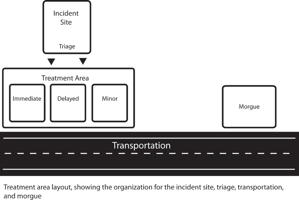 “treatment area layout, showing the organization for the incident site, triage, transportation, and morgue.”